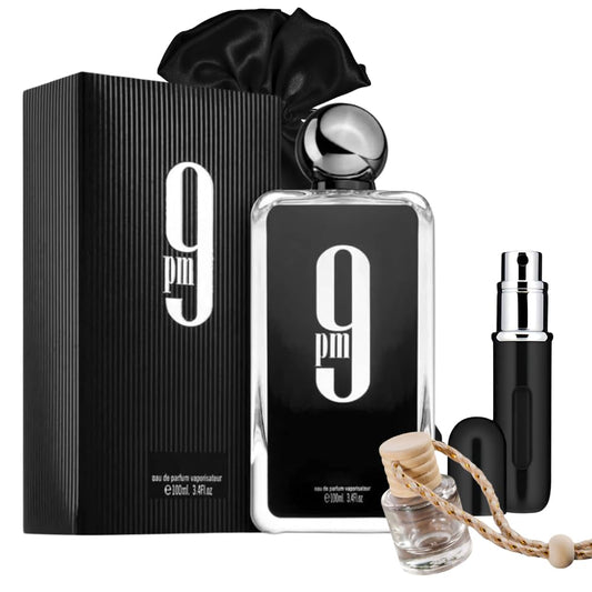 Bundle of  9 PM for Men 100Ml Eau De Parfum with 5Ml Portable Refillable Atomizer and Refillable Car Freshener in a Satin Gift Bag