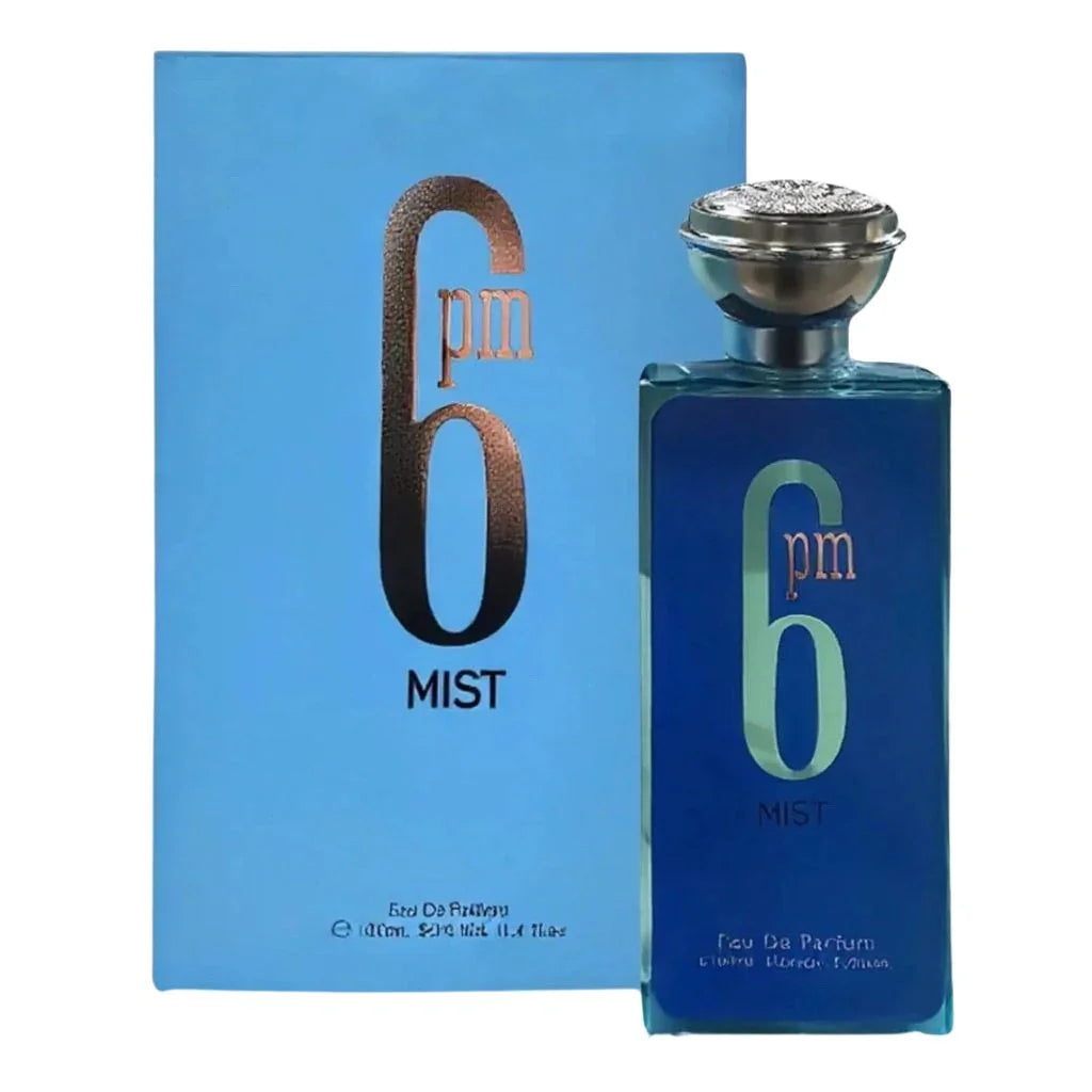 6PM MIST by Secret Plus 100ml Eau de Parfum in a translucent deep blue bottle with bronze accents, shown next to its matching blue packaging.