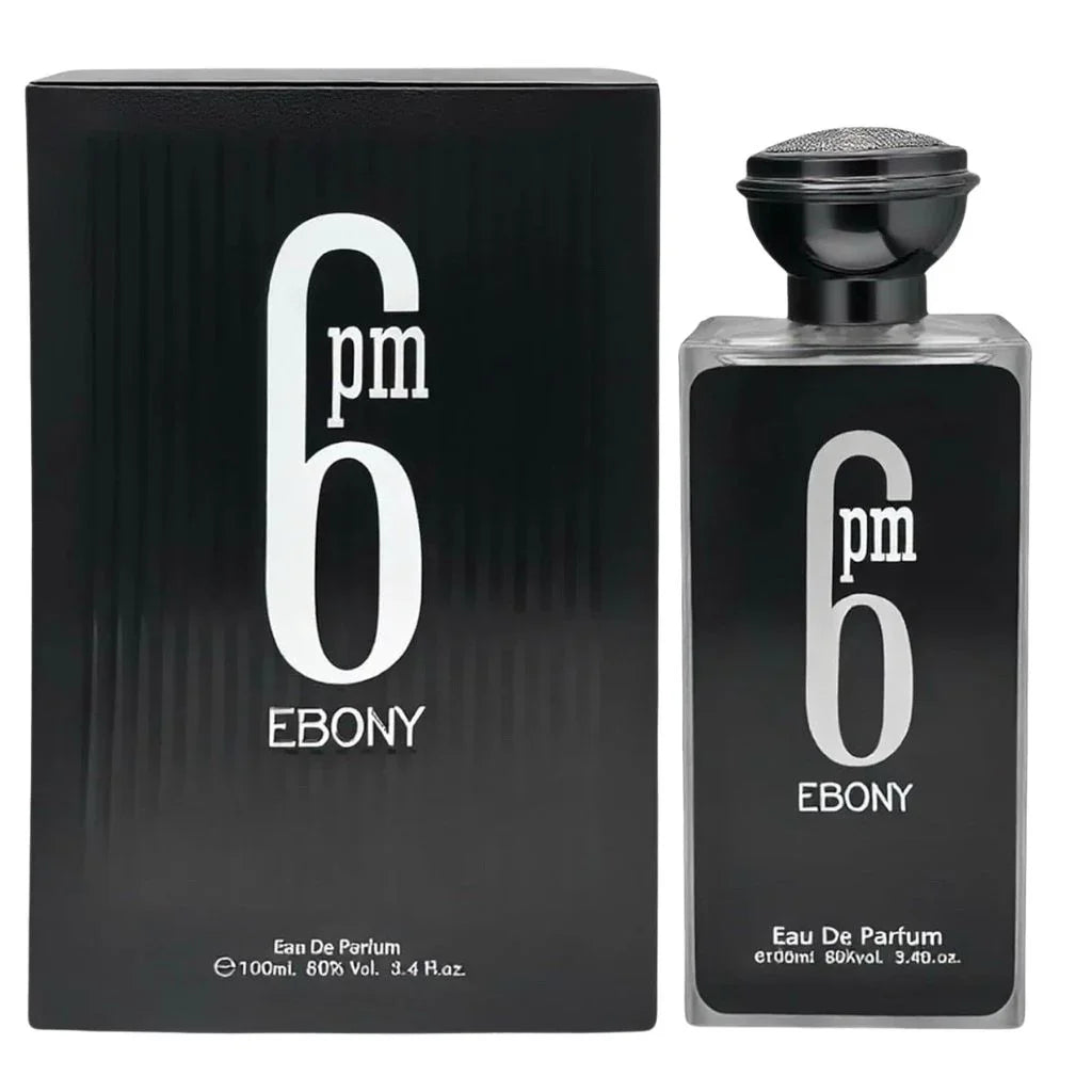 6 PM EBONY by Secret Plus 3.4 oz Eau de Parfum in a sleek black bottle with silver text, alongside its matching black and silver box.