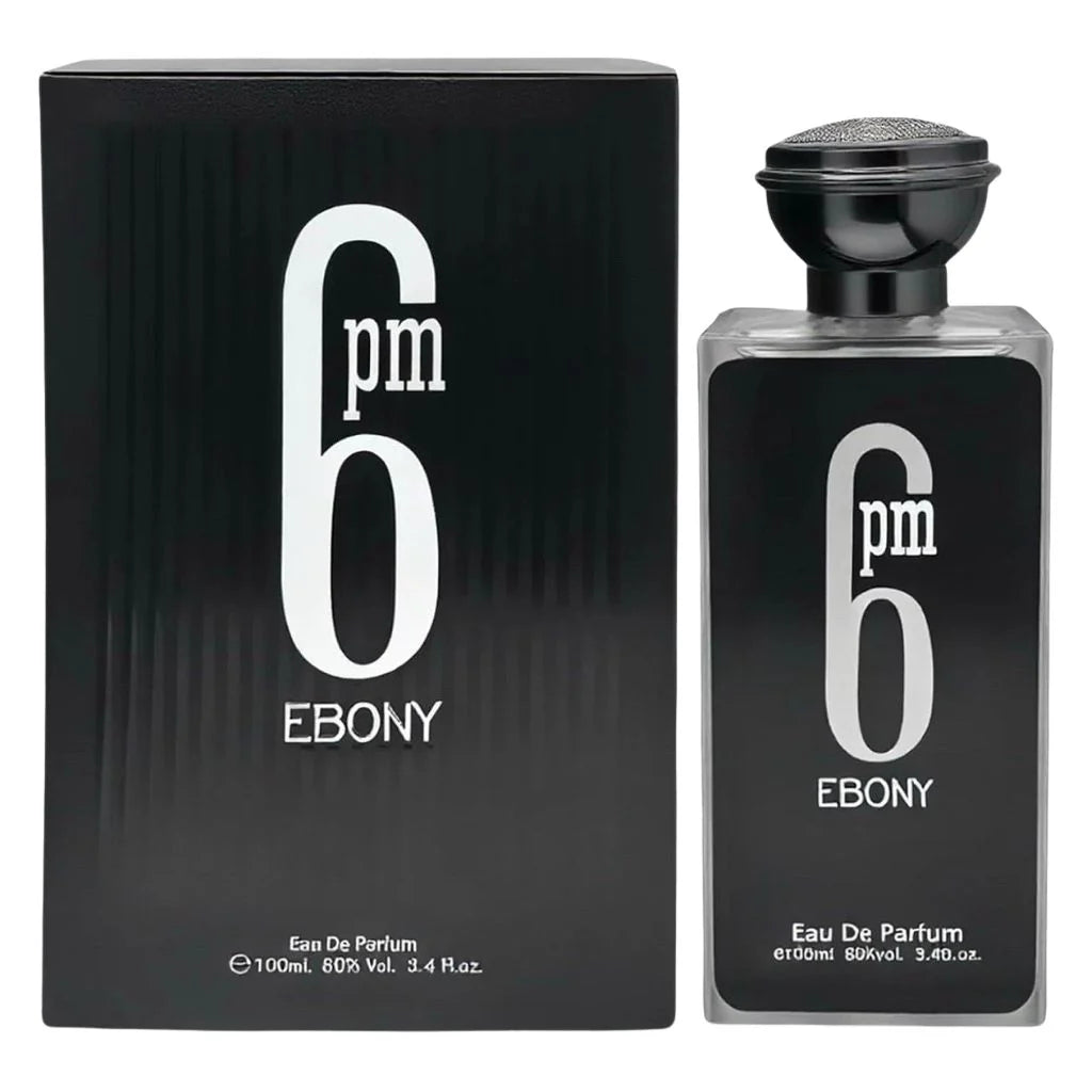 6 PM Ebony for men in a sleek 100ml black bottle with a silver cap next to its matching black and silver box.