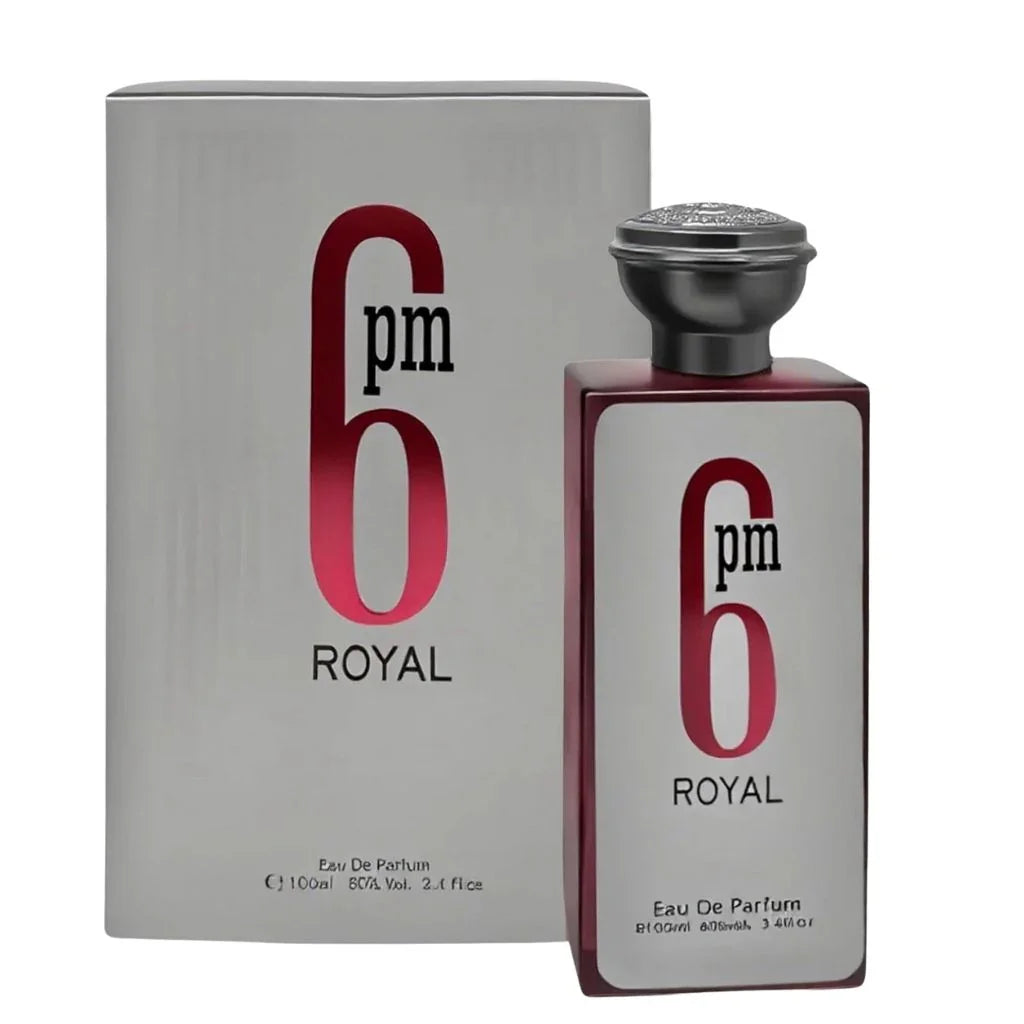 6 PM ROYAL by Secret Plus 100ml Eau de Parfum in a reflective silver bottle with red accents, alongside its silver designer box.