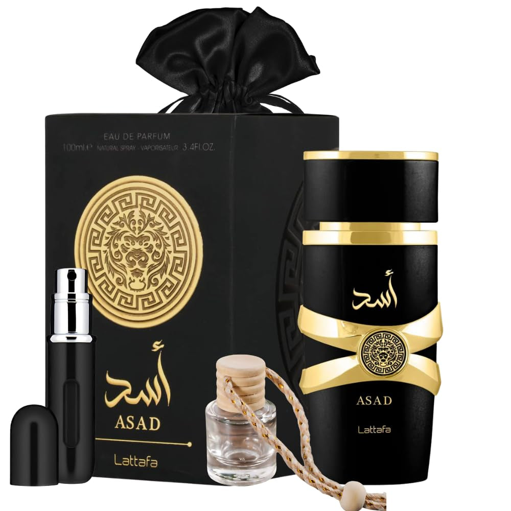 Bundle of Lattafa Asad 3.4Oz Eau De Parfum with 5Ml Portable Refillable Atomizer and Refillable Car Freshener in a Satin Gift Bag