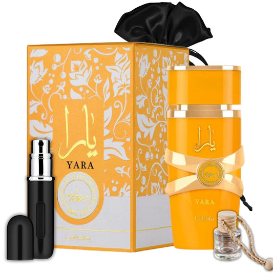 Bundle of Yara Tous  for Women - 3.4Oz EDP with 5Ml Portable Refillable Atomizer and Car Freshener in a Satin Gift Bag