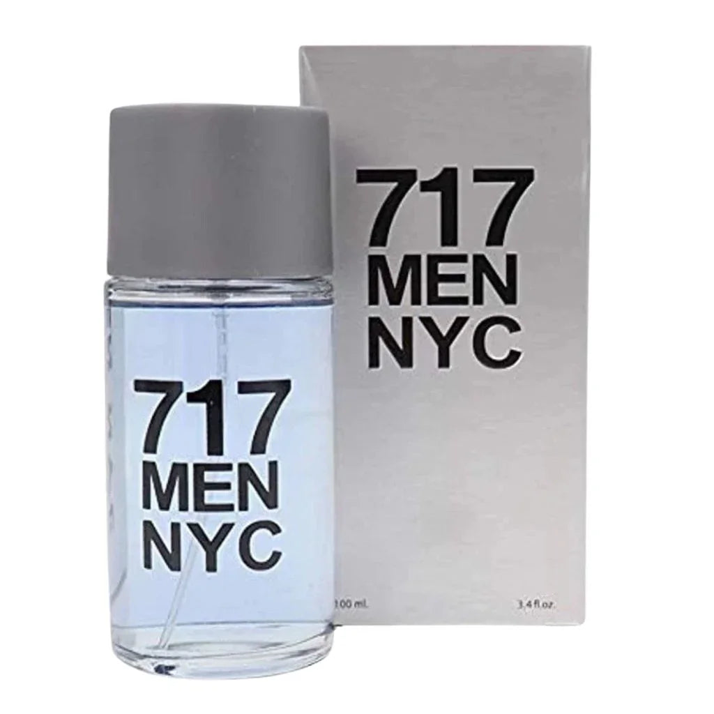 717 Men NYC Eau de Parfum 3.4 fl oz clear glass bottle with light blue liquid shown beside its structured silver box.