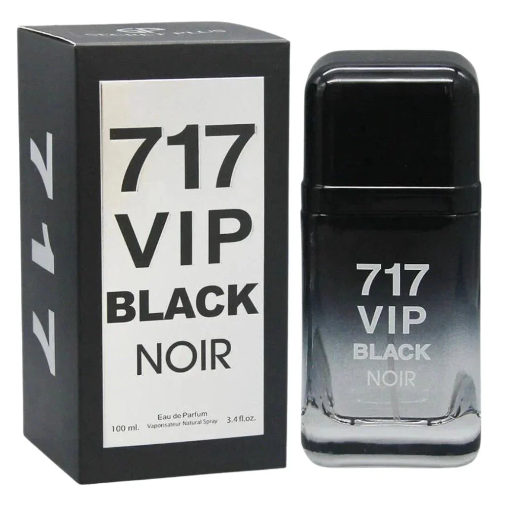 717 VIP Black Noir Eau de Parfum 100 ml men's cologne bottle with a black gradient design next to its matching black presentation box.
