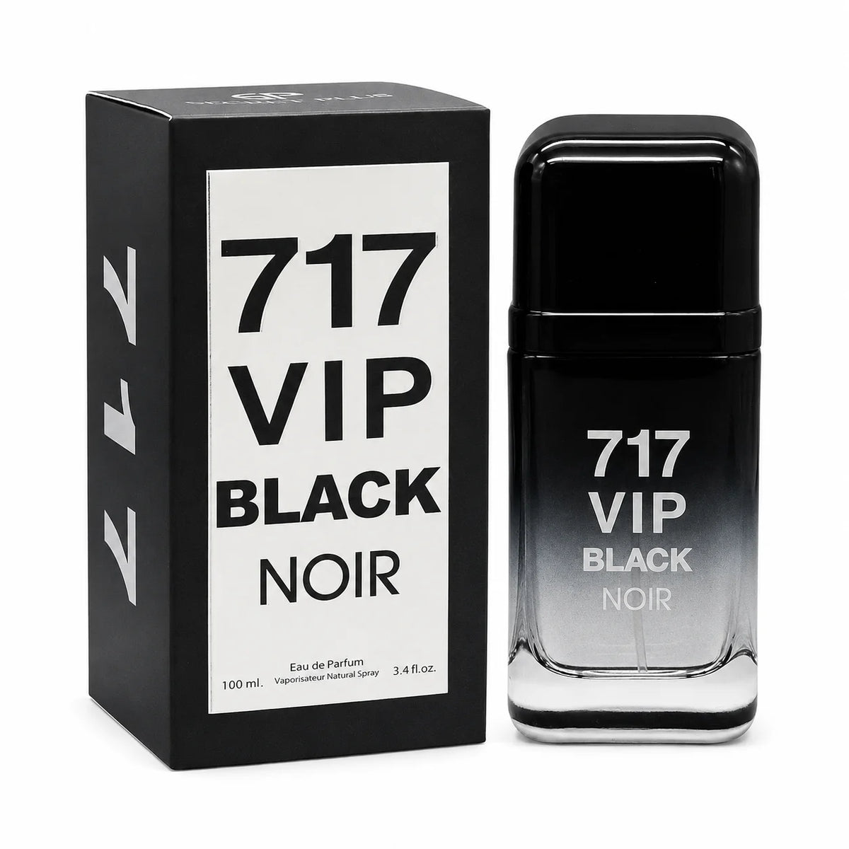 717 VIP Black Noir Eau de Parfum 100 ml men's cologne bottle with a black gradient design next to its matching black presentation box.