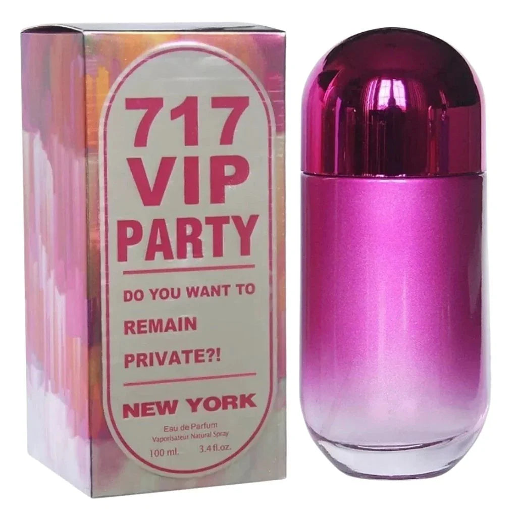 717 VIP Party 100ml Eau de Parfum in a pink-to-clear gradient pill-shaped bottle next to its colorful retail box.