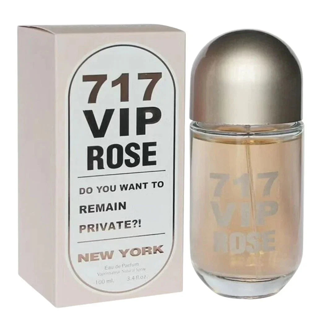 717 VIP Rose 100ml Eau de Parfum in a sleek champagne-toned pill-shaped bottle next to its elegant retail packaging.