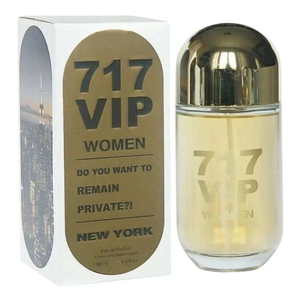 717 VIP Women 100ml Eau de Parfum in a sleek gold-toned pill-shaped bottle next to its white and gold retail box.