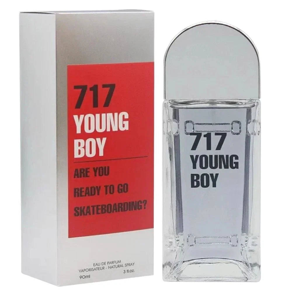 717 Young Boy Eau de Parfum 100 ml men's cologne bottle featuring a skateboard-themed glass design next to its silver and red box.