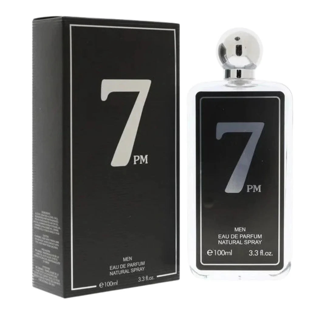 7PM Men 100ml Eau de Parfum bottle with clear and black design next to its textured black retail box featuring silver lettering.
