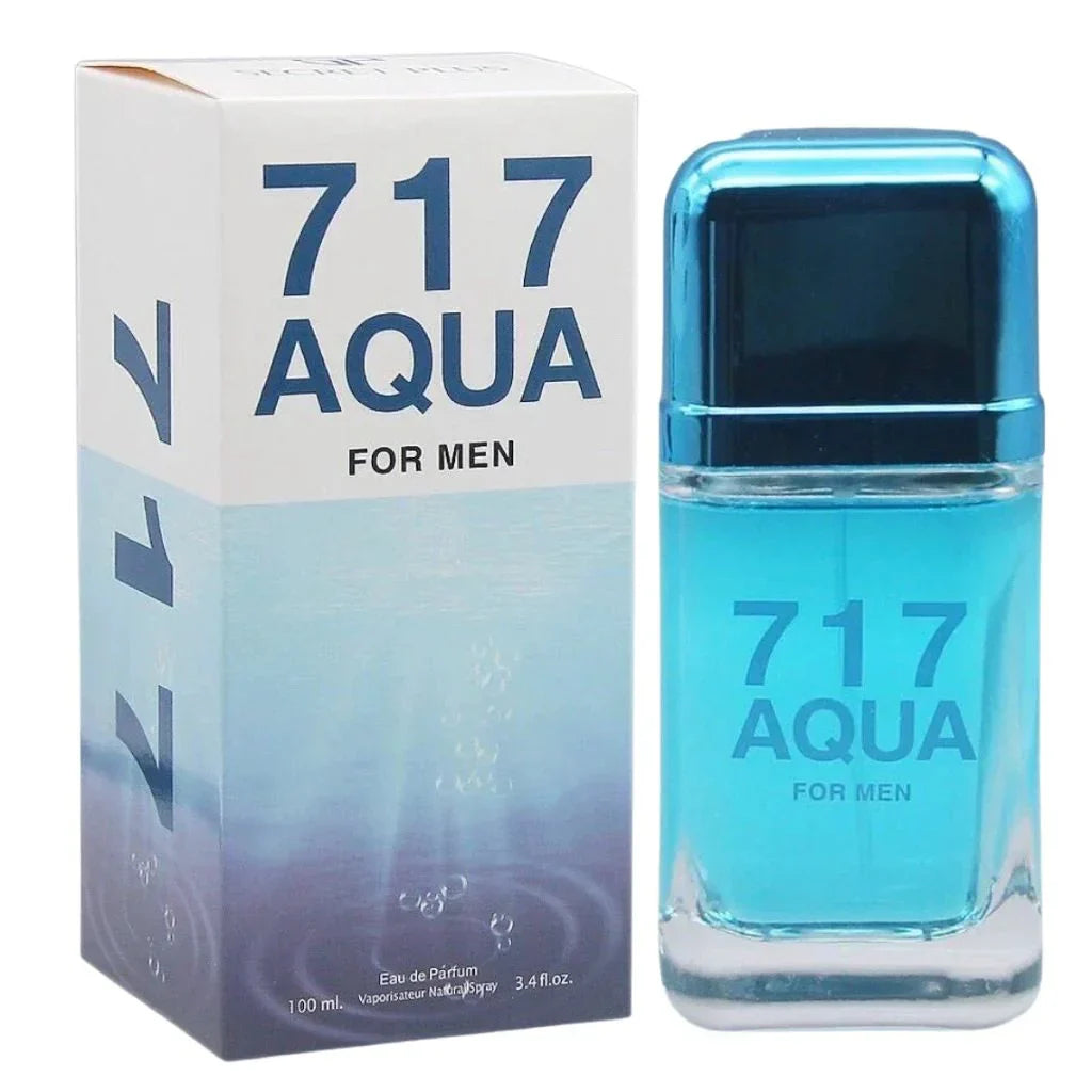 717 Aqua for Men by Secret Plus Eau De Parfum 100ml men's cologne bottle showing bright blue juice next to its matching white and blue retail box.