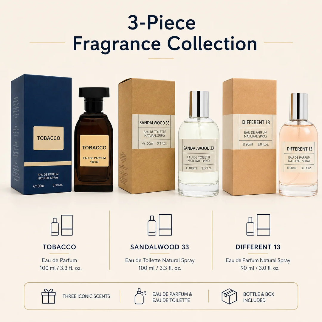 Tobacco, Sandalwood 33 &amp; Different 13 Fragrance Set – 3 Piece Perfume Collection, Eau de Parfum &amp; Eau de Toilette Sprays, Woody, Warm &amp; Fresh Scents, Full Size Gift Set