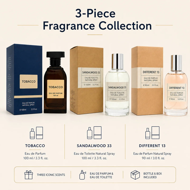 Tobacco, Sandalwood 33 &amp; Different 13 Fragrance Set – 3 Piece Perfume Collection, Eau de Parfum &amp; Eau de Toilette Sprays, Woody, Warm &amp; Fresh Scents, Full Size Gift Set