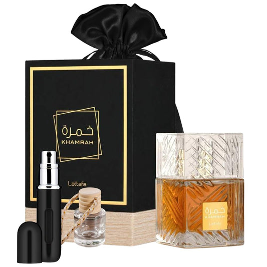 Lattafa Khamrah 3.4Oz Eau De Parfum Bundle with 5Ml Refillable Atomizer, Refillable Car Freshener, and Satin Gift Bag