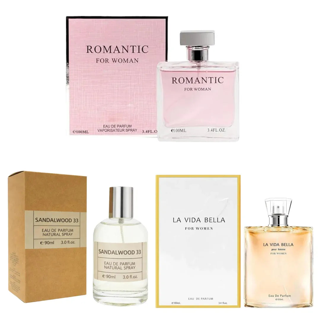 Women’s Perfume Gift Set – 3 Pack Eau de Parfum (3.0–3.4 oz Each) – Long Lasting Floral &amp; Warm Fragrance Collection for Her – Includes Romantic, Sandalwood 33 &amp; La Vida Bella