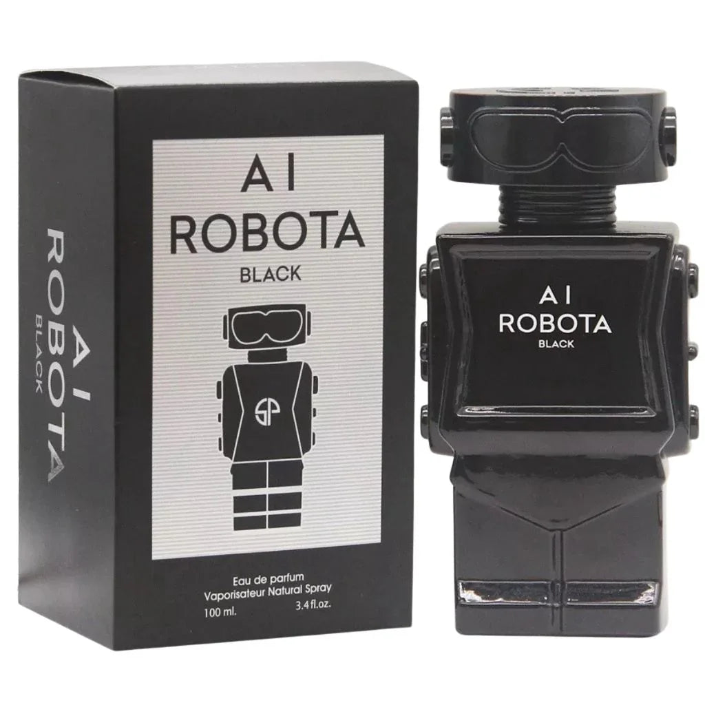AI ROBOTA BLACK by Secret Plus 3.4 oz Eau de Parfum bottle in a black robotic shape next to its sleek silver and black packaging.