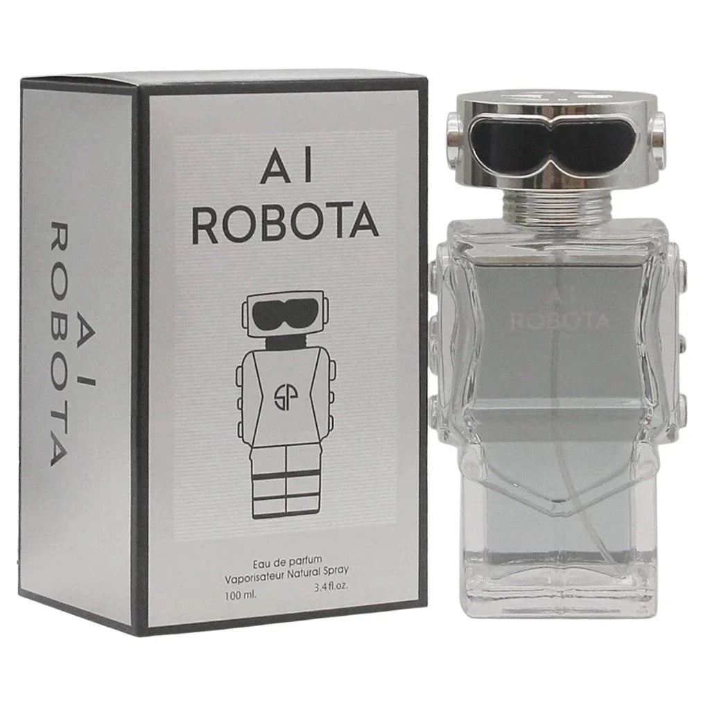AI ROBOTA by Secret Plus 100ml bottle in a clear robotic shape with silver accents, shown next to its metallic silver packaging.