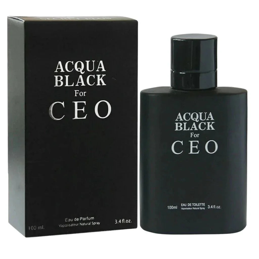 Acqua Black for CEO Eau de Parfum 3.4 fl oz sleek matte black glass bottle with a matching cap shown standing next to its clean, minimalist matte black presentation box.