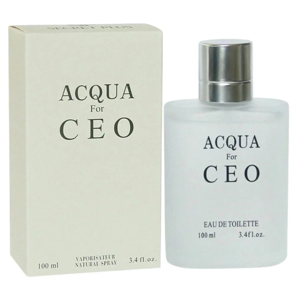 Acqua For CEO Eau De Parfum 100ml frosted glass bottle by Secret Plus standing next to its original textured cream designer presentation box.