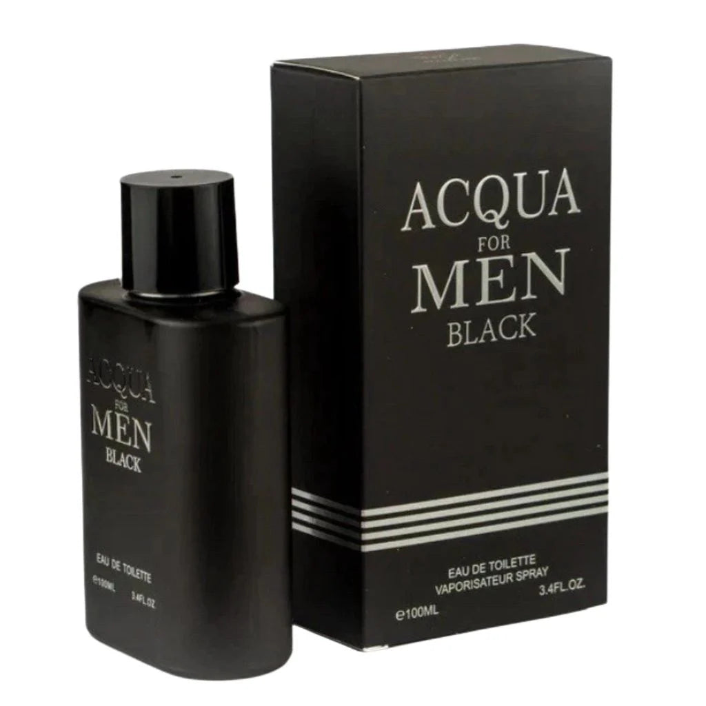 Acqua For Men Black 100ml Eau de Toilette in a sleek matte black bottle next to its matching black and silver retail box.

