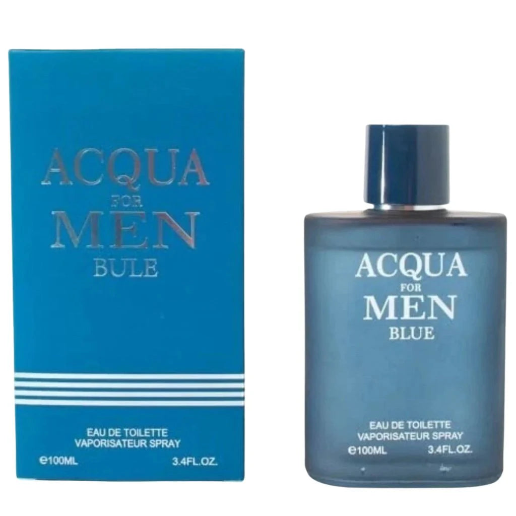 Acqua For Men Blue 100ml Eau de Toilette bottle in deep blue glass next to its matching blue and white striped retail box.
