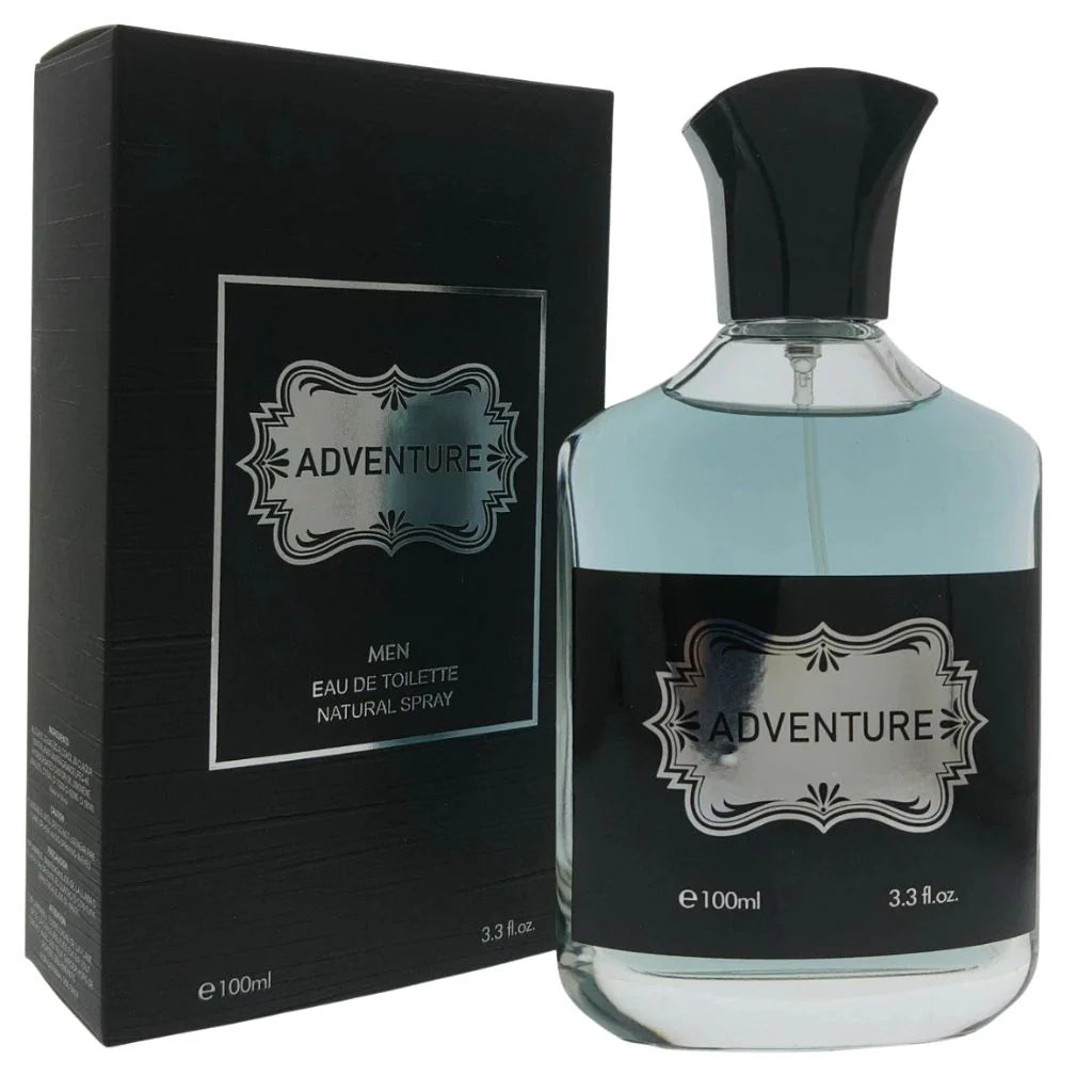 Adventure for Men 100ml Eau de Toilette bottle with silver labeling next to its textured black and silver retail box.
