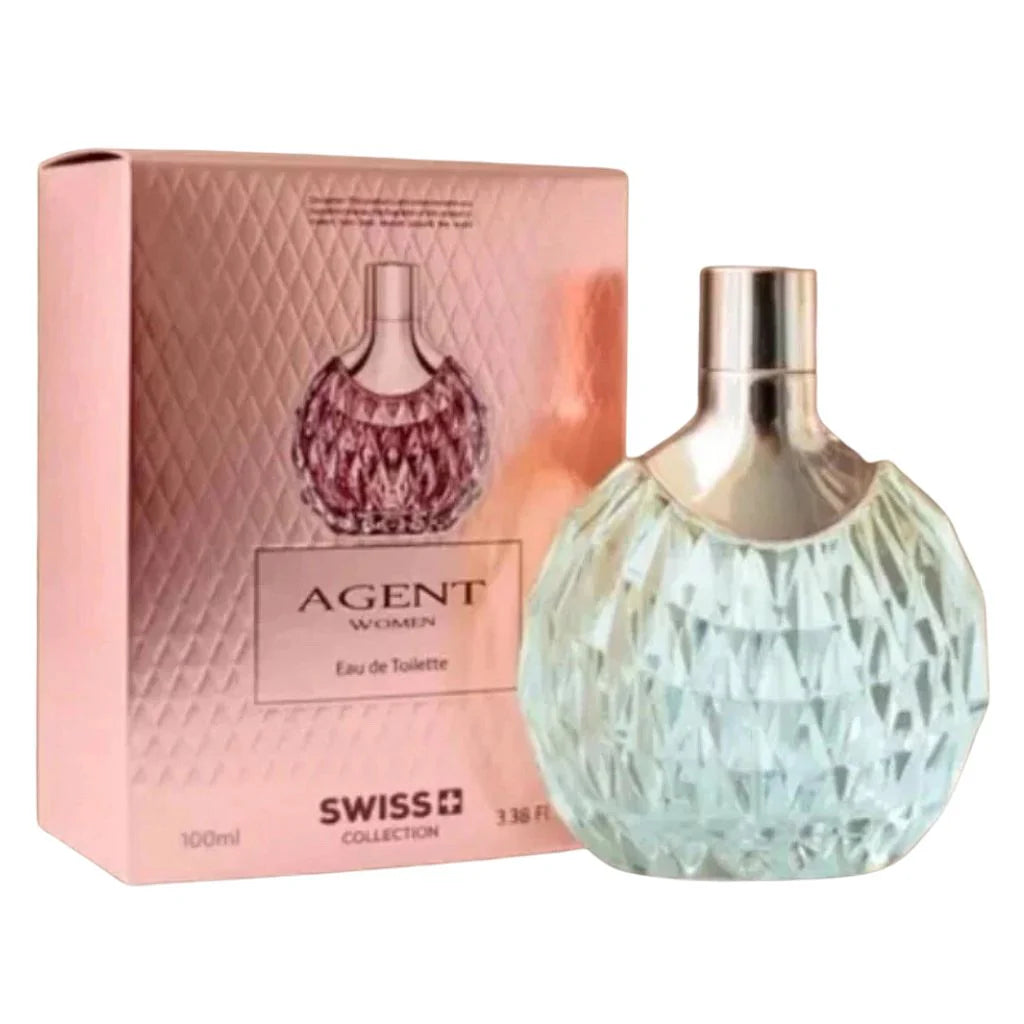 Agent Woman by Swiss Collection 100ml Eau de Toilette in a diamond-textured glass bottle next to its rose-gold quilted box.