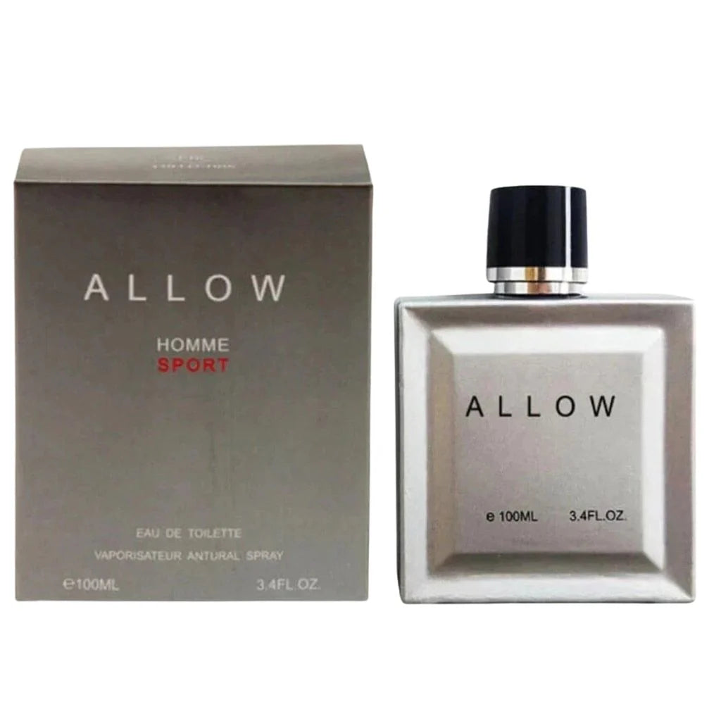 Allow Homme Sport Eau De Parfum 100ml men's cologne bottle next to its sleek metallic grey retail packaging box.