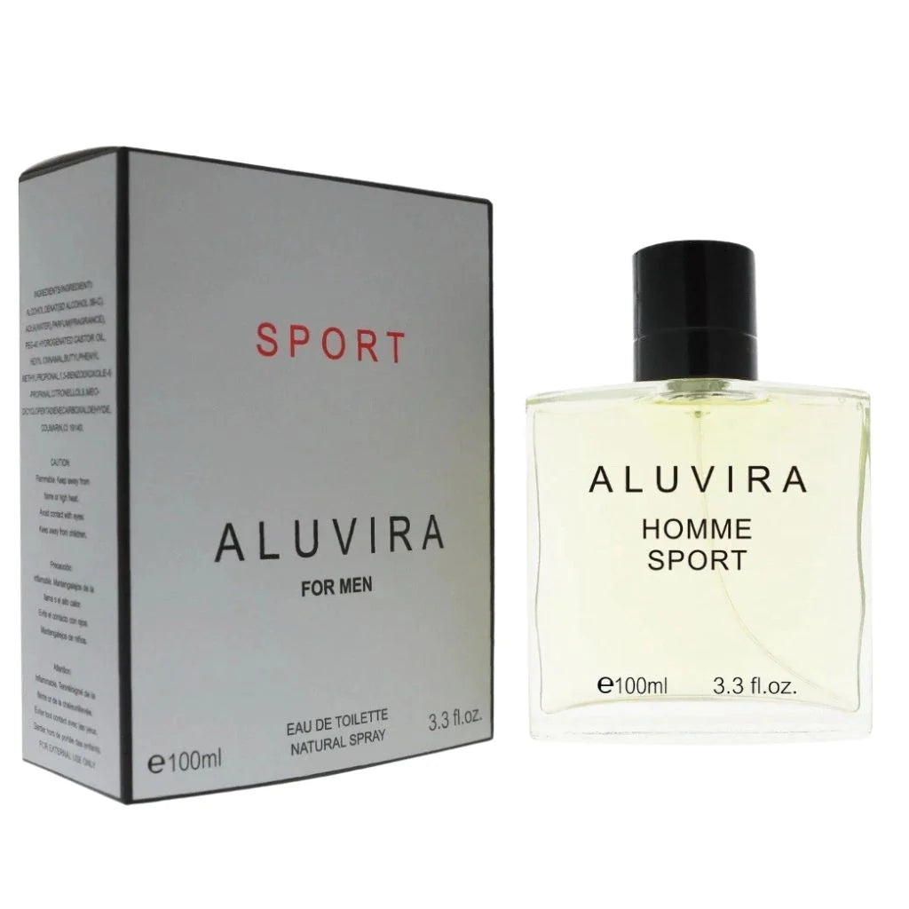 Aluvira Sport for Men 100ml Eau de Toilette bottle with a silver and red retail box, featuring fresh citrus and woody notes.
