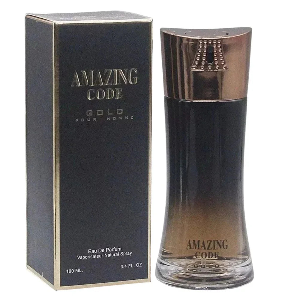 Amazing Code Gold Eau de Parfum 3.4 fl oz pour homme bottle featuring a smoked-amber gradient next to its black and gold display box.
