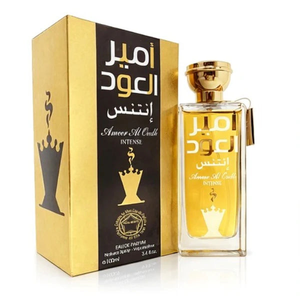 Ameer Intense Oud Eau de Parfum 3.4 fl oz clear glass bottle with rich golden liquid shown next to its premium black and gold presentation box.