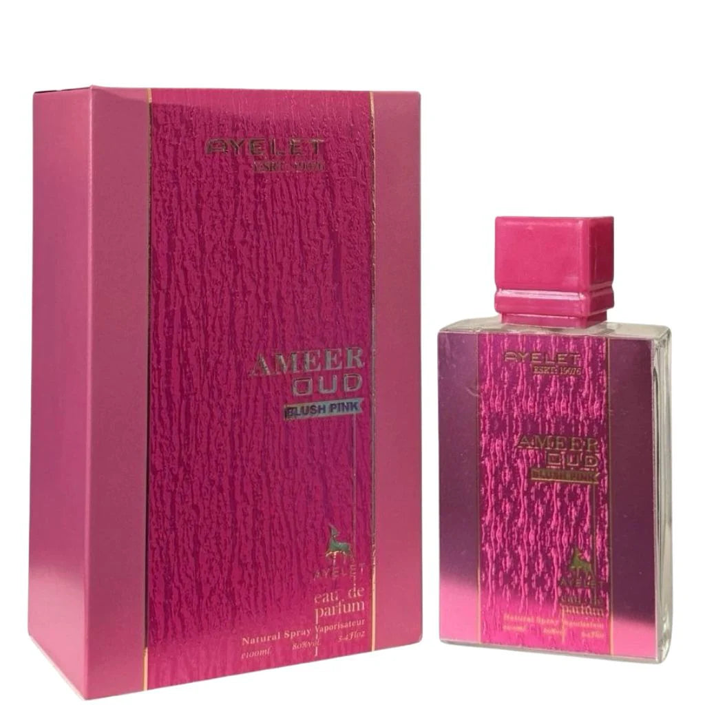 Ameer Oud Blush Pink 100ml Eau de Parfum in a textured pink rectangular bottle next to its matching pink and gold retail box.