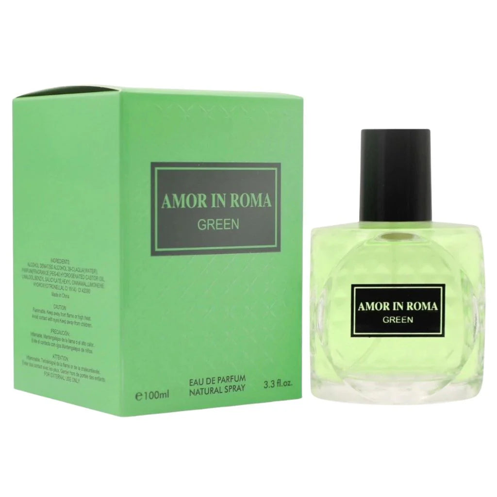 Amor in Roma Green 100ml Eau de Parfum in a clear glass bottle with light green fragrance next to its matching vibrant green box.