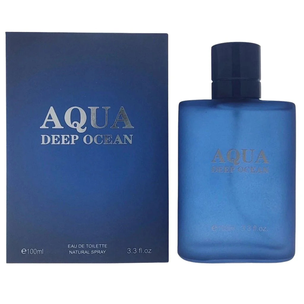 Aqua Deep Ocean for Men 100ml Eau de Toilette frosted blue bottle and navy retail box with silver lettering.
