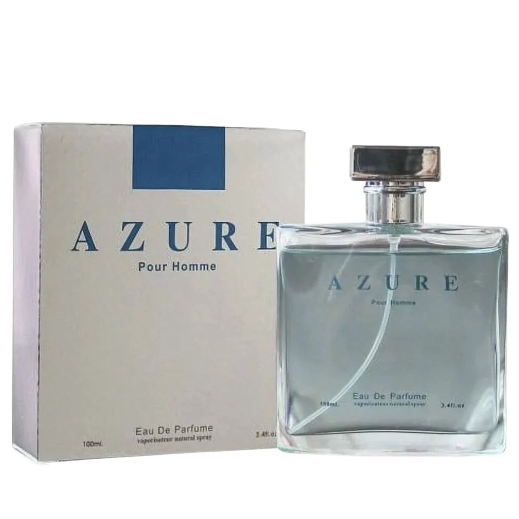 Azure Pour Homme by EBC Collection 100ml Eau de Toilette bottle and minimalist silver and blue box
