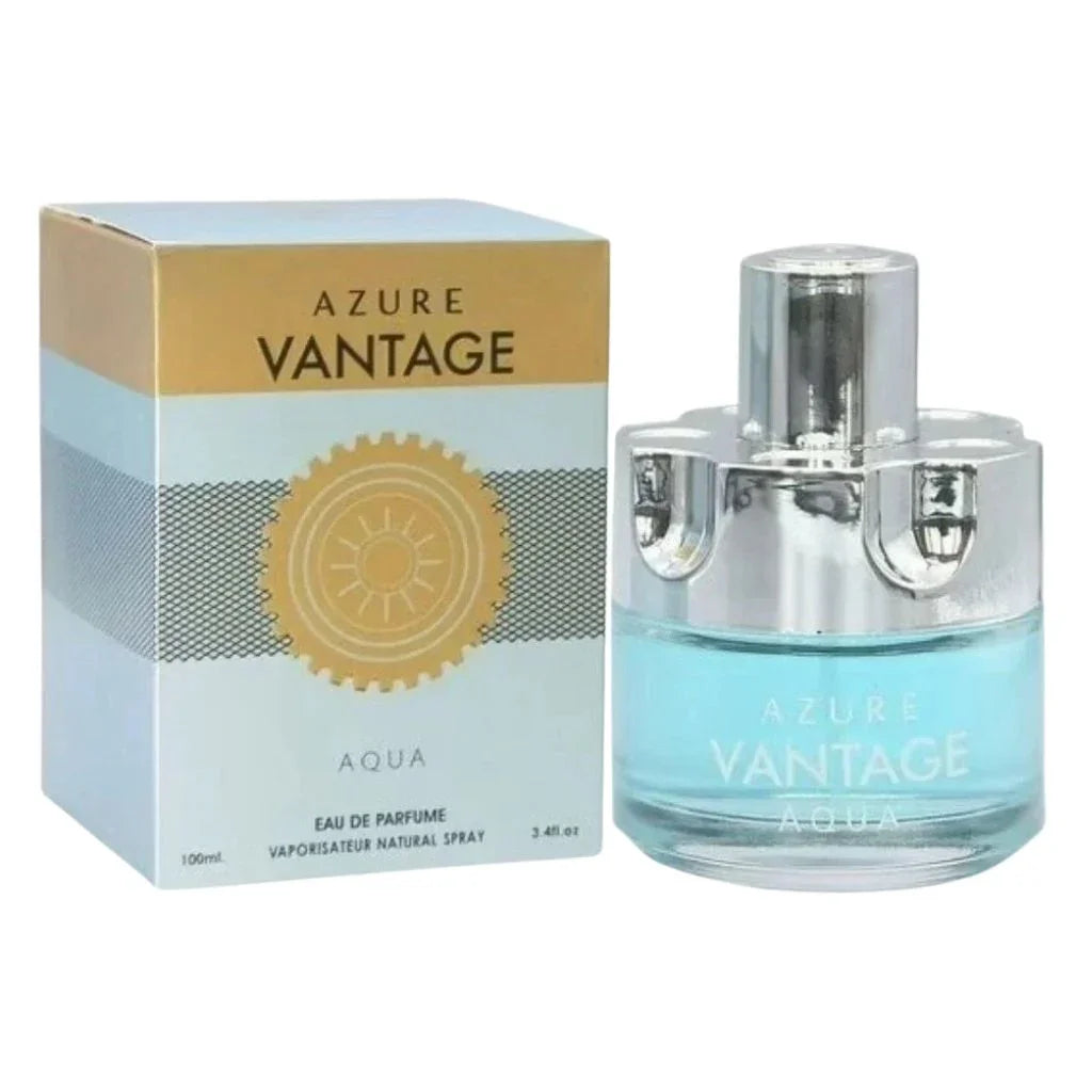 Azure Vantage Aqua by Secret Plus 100ml Eau de Parfum in a clear blue bottle with a chrome gear cap, shown next to its gold and blue packaging.