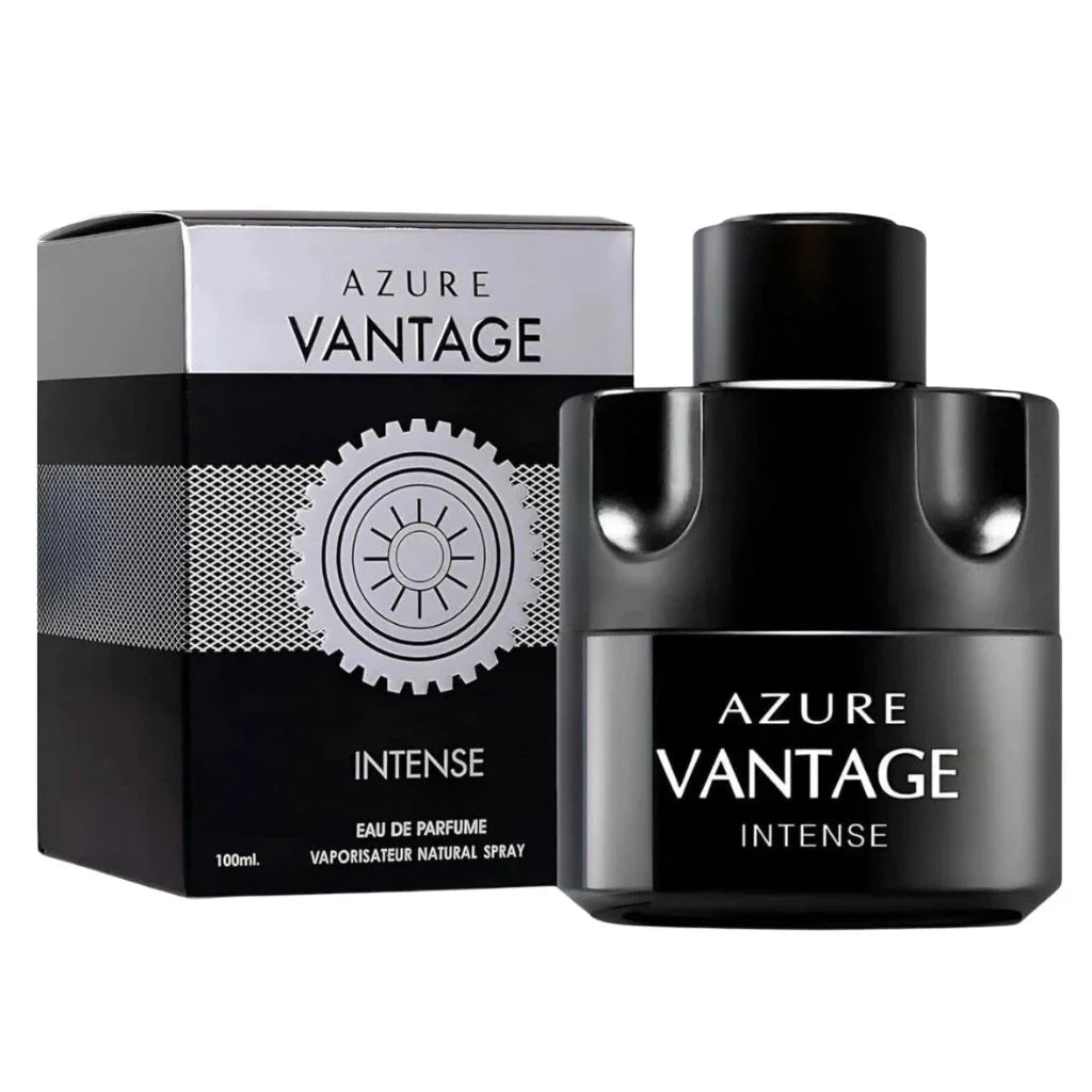 Azure Vantage Intense by Secret Plus 100ml Eau de Parfum in a matte black bottle with gear-cog detailing next to its silver and black box.