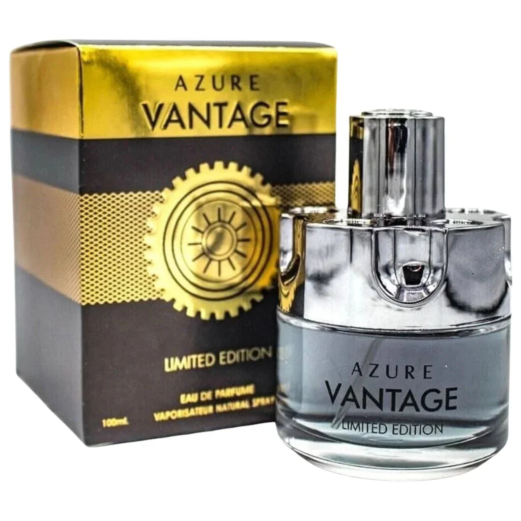 Azure Vantage Limited Edition Eau de Parfum 100 ml men's cologne bottle in a metallic silver mirrored design next to its gold and black box.