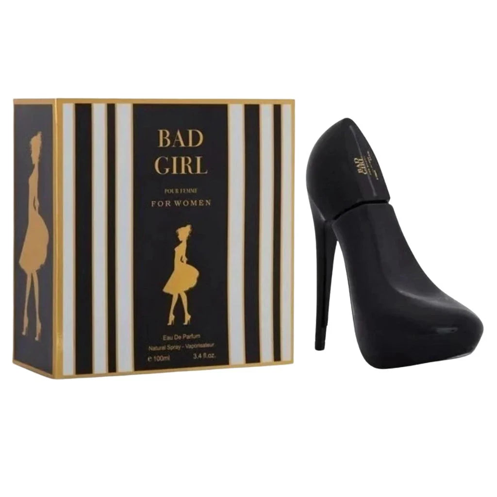 Bad Girl Black 100ml Eau de Parfum in a black stiletto-shaped bottle next to its black-and-white striped retail box.