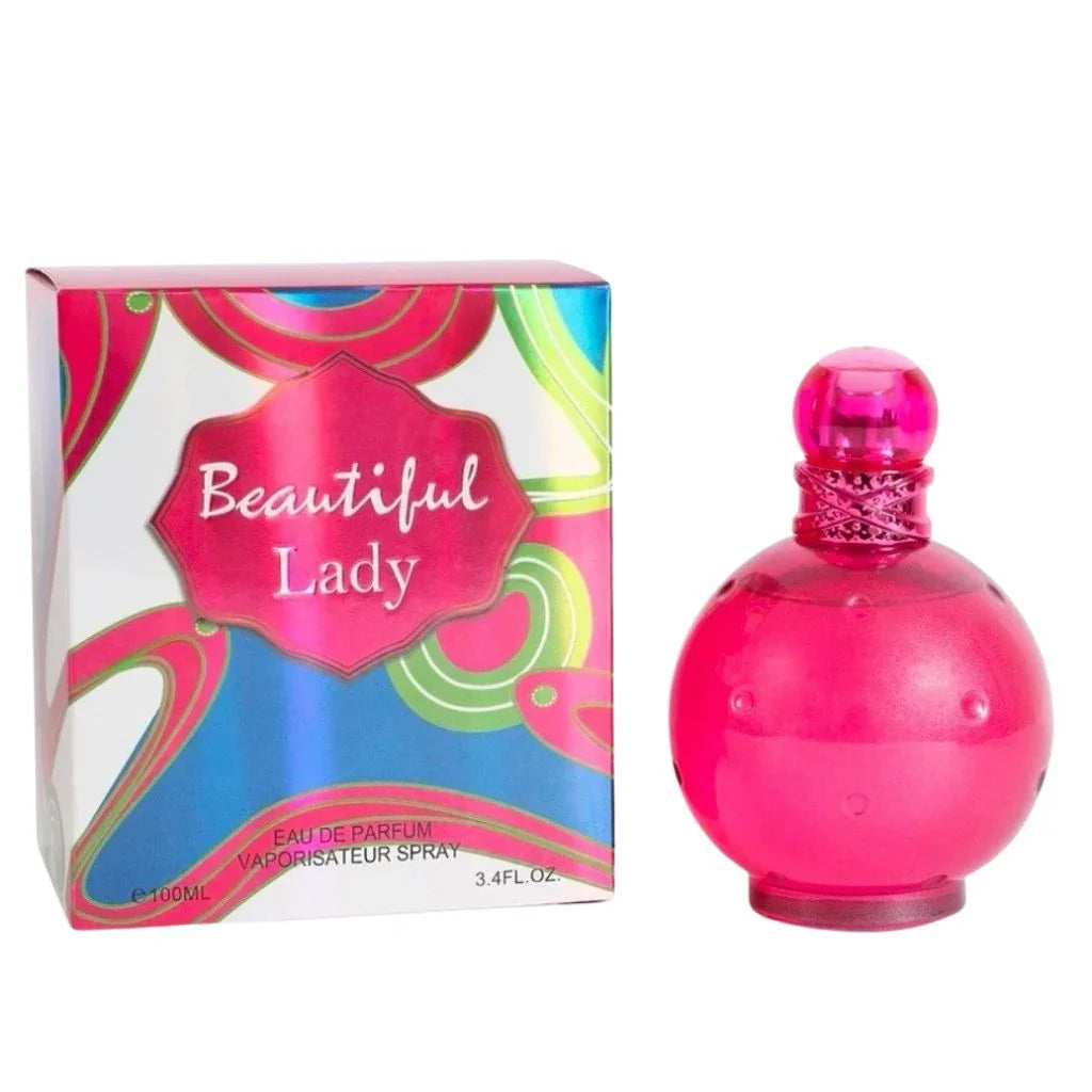 Beautiful Lady 100ml Eau de Parfum in a hot pink spherical bottle next to its vibrant pink, blue, and green swirl-patterned box.