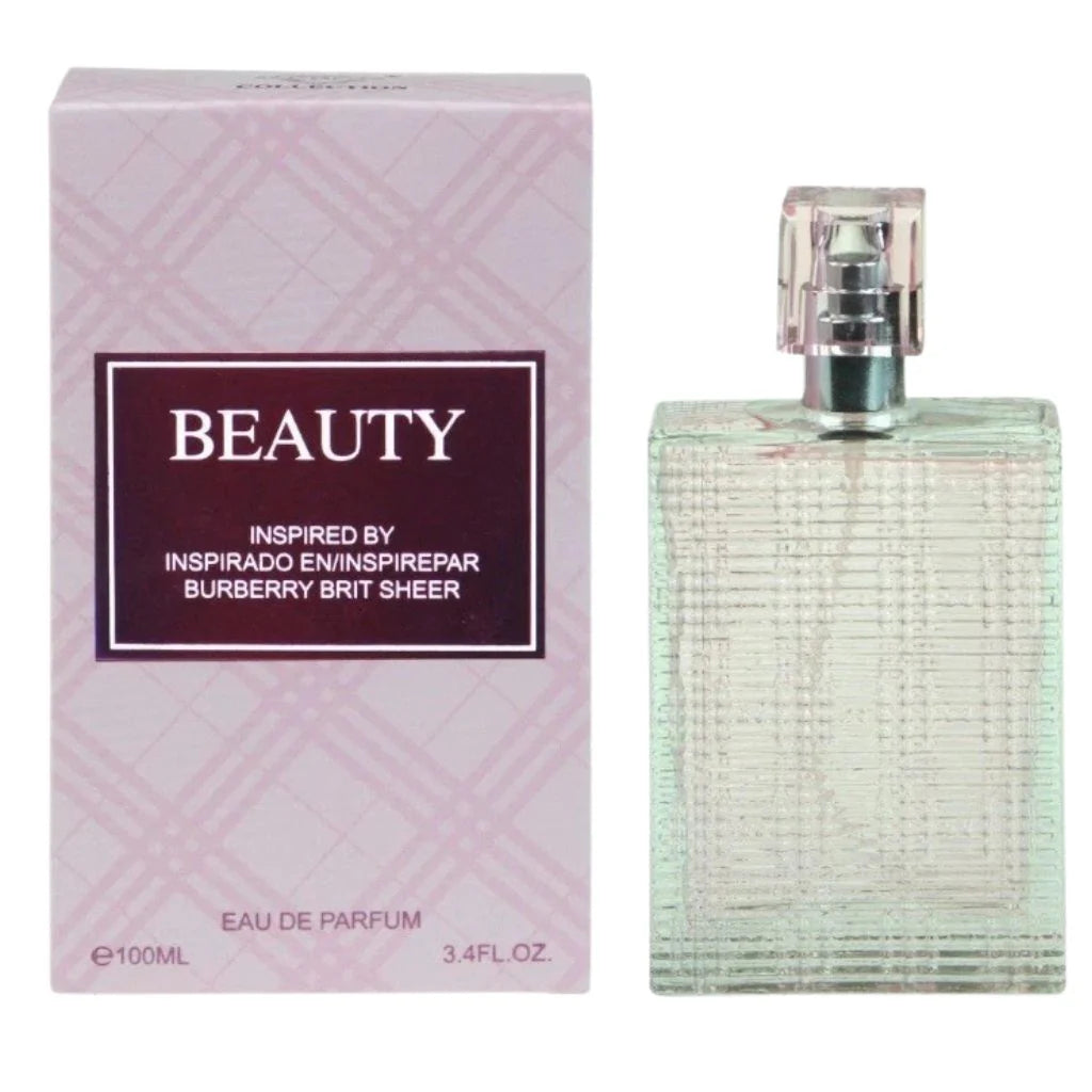 Beauty 100ml Eau de Parfum in a clear textured square bottle next to its pink plaid retail box.