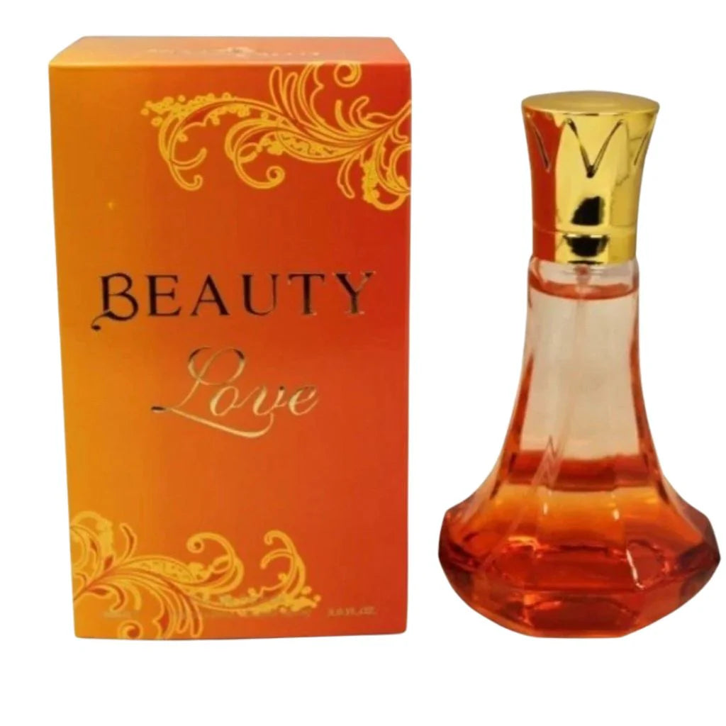 Beauty Love 90ml Eau de Parfum uniquely shaped glass bottle next to its elegant orange and gold box.