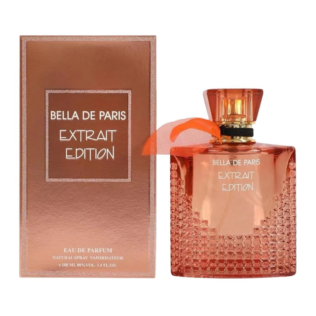 Bella De Paris Extrait Edition 100ml Eau de Parfum in a textured rose-gold bottle next to its matching premium gift box.