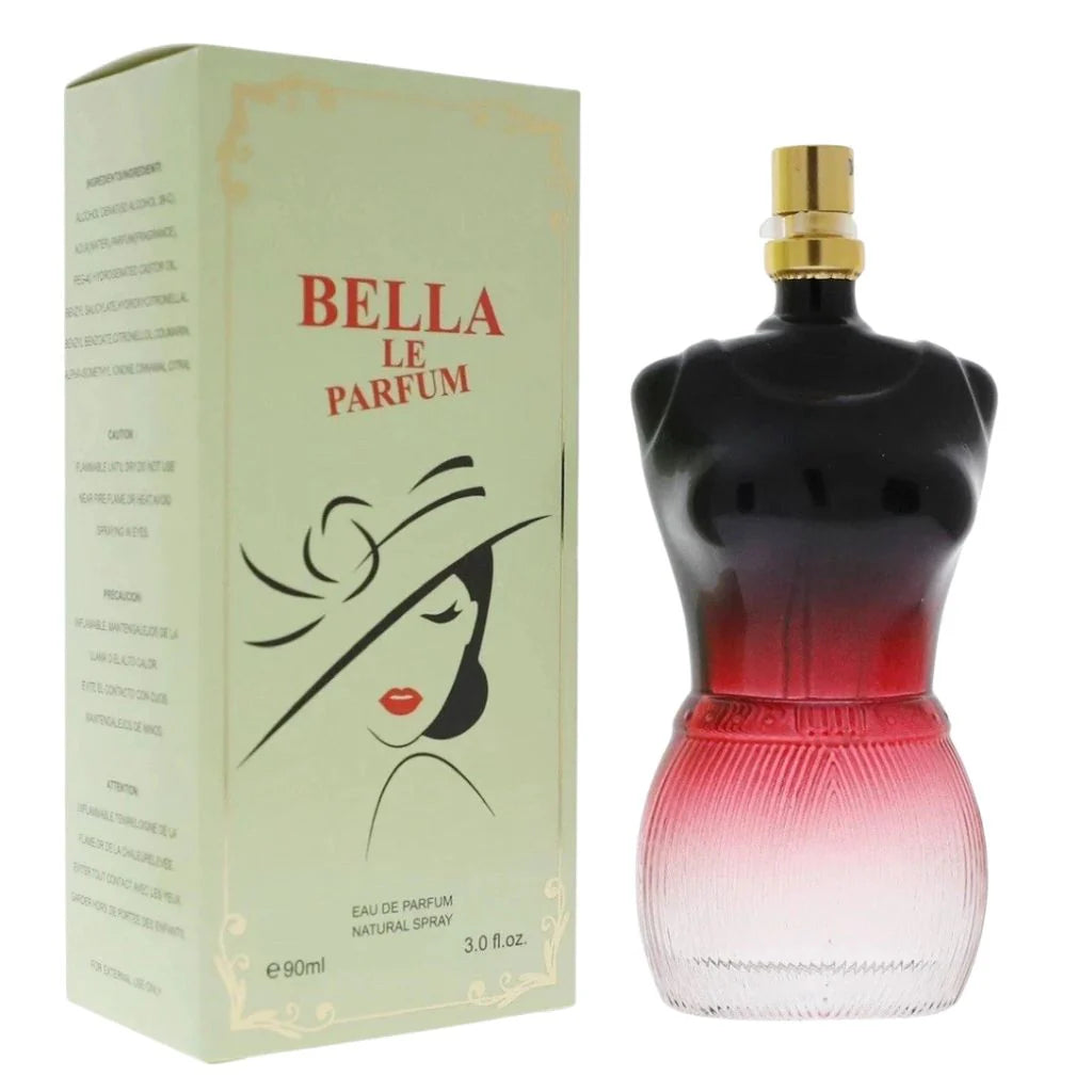 Bella Le Parfum 90ml Eau de Parfum in a silhouette-shaped red and black bottle next to its light green box with a woman&