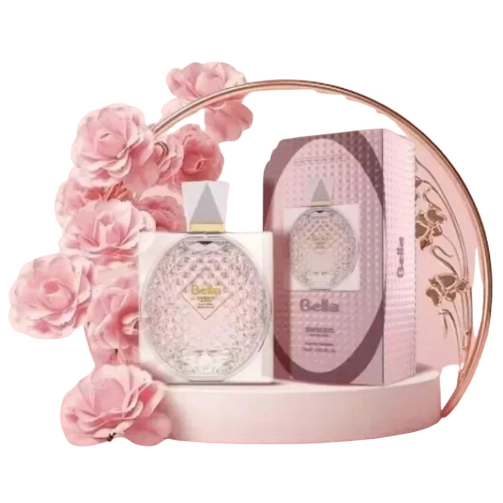 Bella by Swiss Collection 100ml Eau de Toilette in a textured circular glass bottle next to its premium pink quilted box.