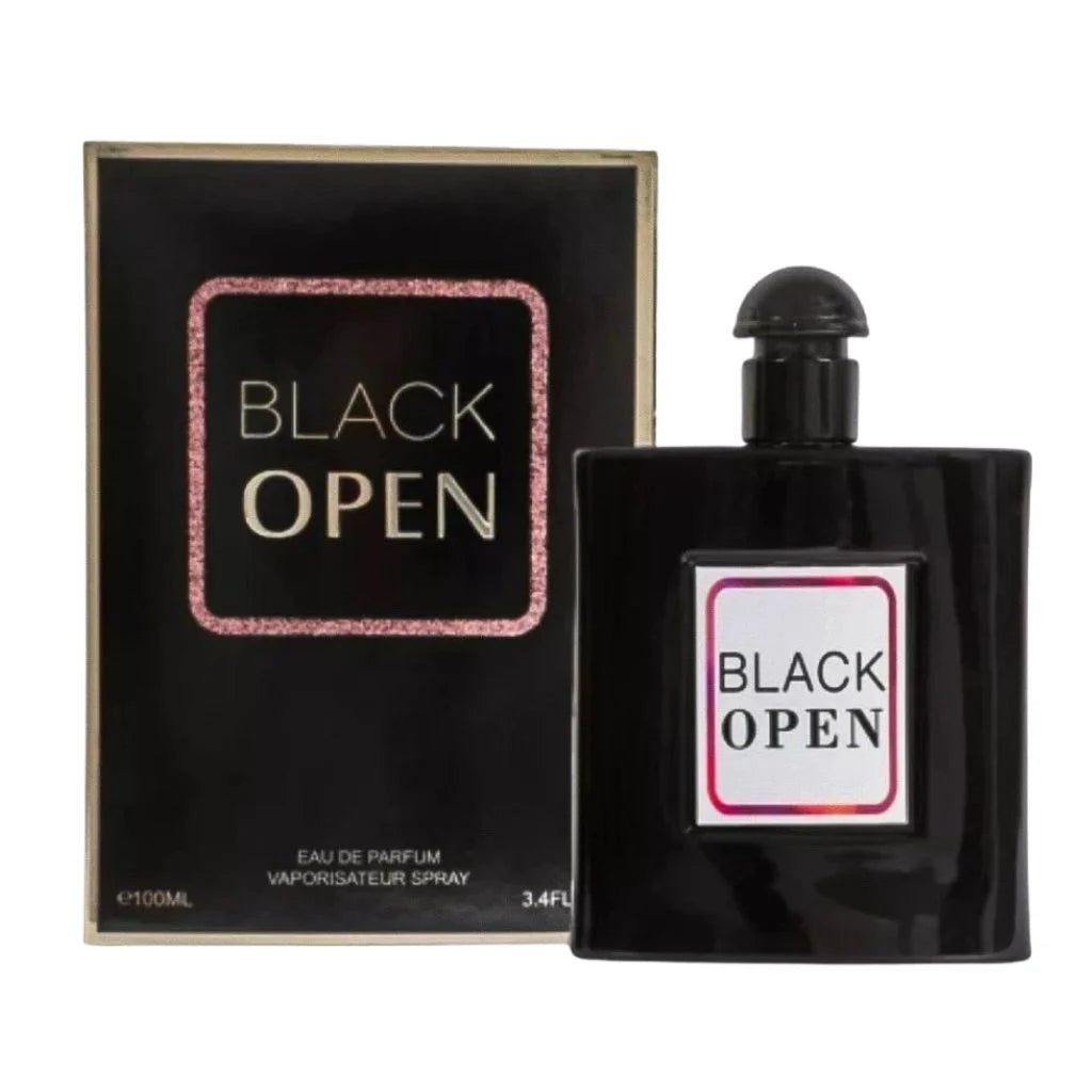 Black Open 100ml Eau de Parfum sleek black bottle next to its matching black and rose-gold textured box.