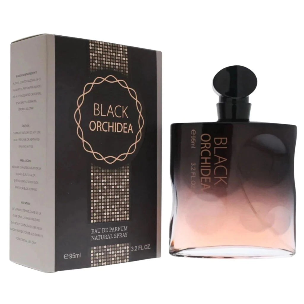 Black Orchidea 95ml Eau de Parfum in a sleek dark bottle with a round black cap next to its elegant black and gold patterned box.