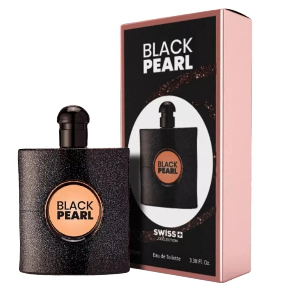 Black Pearl by Swiss Collection 100ml Eau de Toilette in a textured black bottle with a copper center next to its elegant black and rose-gold box.