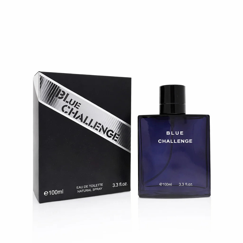 Blue Challenge 100ml Eau de Toilette in a sleek deep blue bottle next to its black and silver retail box.
